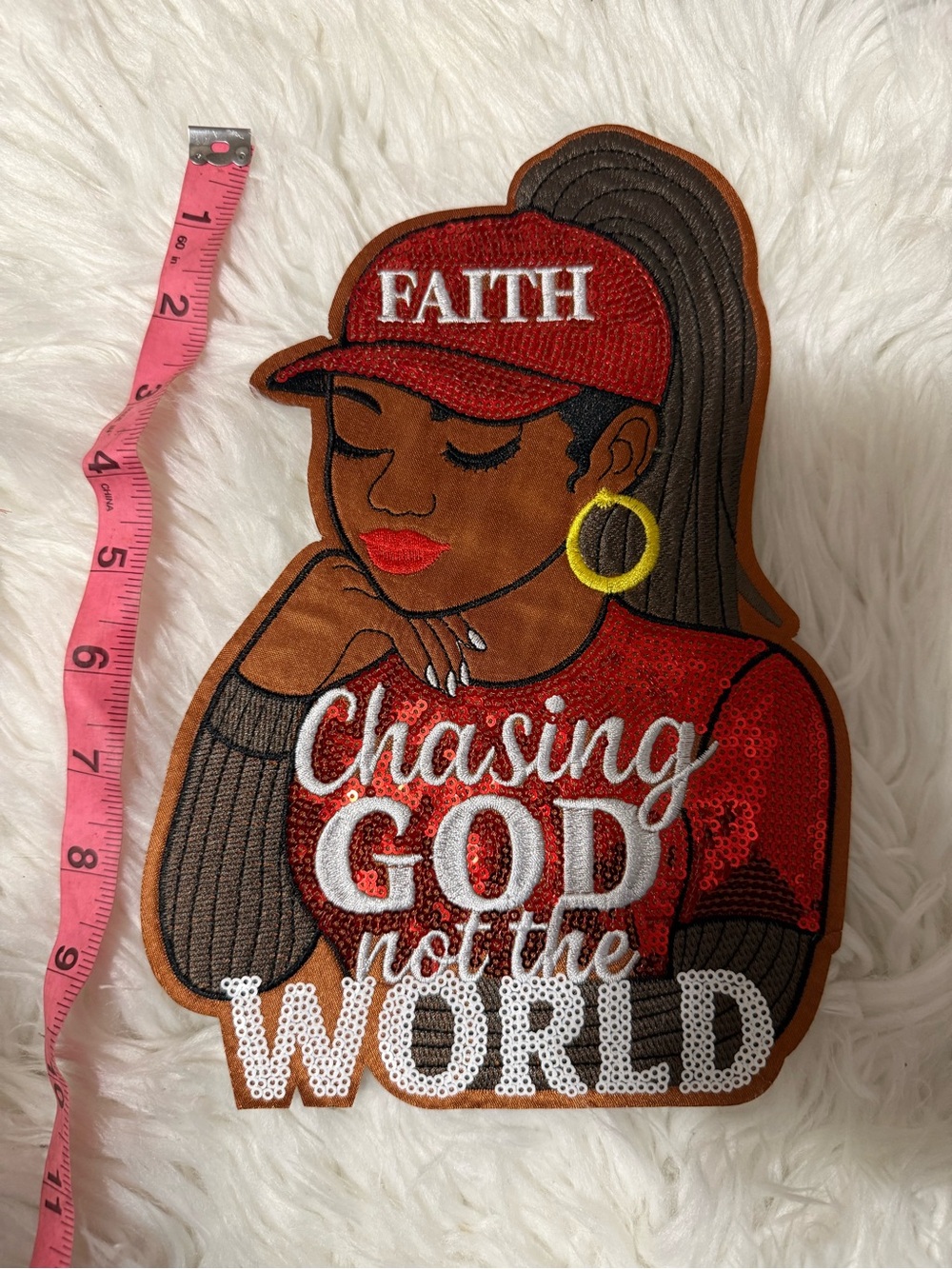 Faith Red Sequin Inspirational Large Iron on Patch - "Chasing God Not The World"